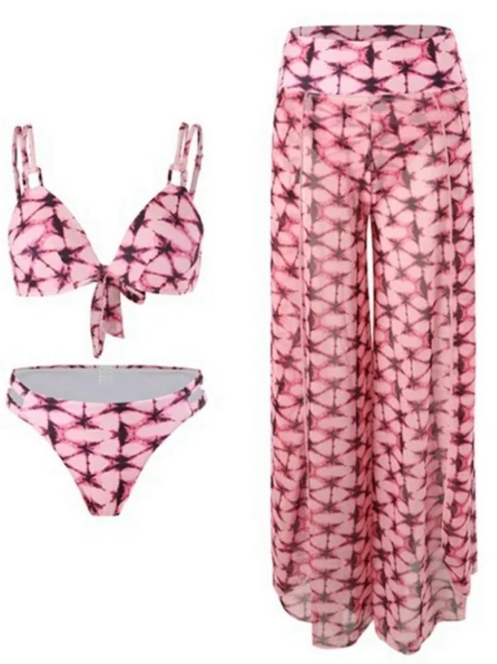 Pink Tie-Dye 3-Piece Bikini Set w/ Sheer Wide-Leg Pants Cover-Up 🌺 NWOT